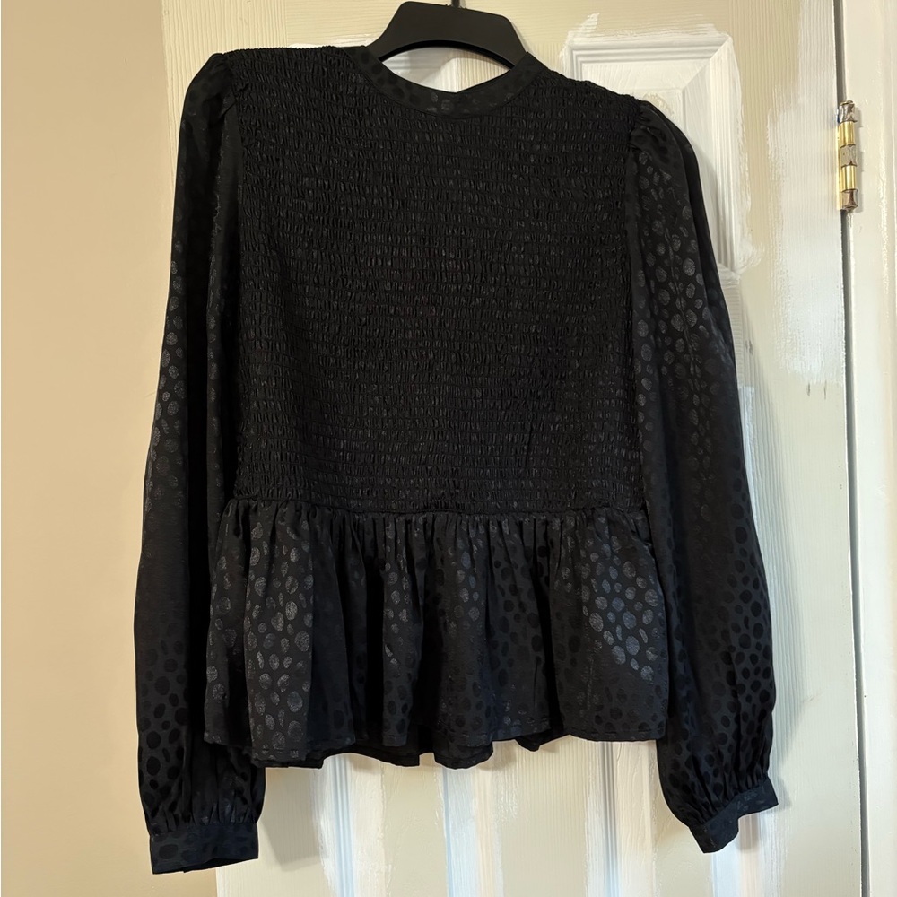 Topshop Black Long Sleeve peplum smocked Blouse